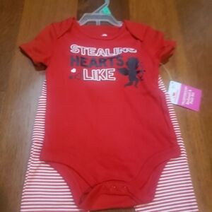 NWT Baby Boy Stealing Hearts Like Cupid 2pc Red Baby Onesie & Stripe Pants 6-9mo